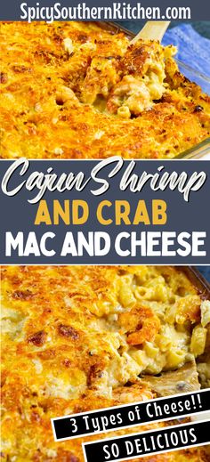 two images with the words cauliflower shrimp and crab mac and cheese on them