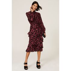 Black floral printed cotton (65% Rayon, 35% Silk). Lining (100% Polyester). Sheath. Mock neck. Long sleeves. Back zipper closure. 46.5" from shoulder to hemline. Midi Ruffle Dress, Rent The Runway, Every Thing, Pink Print, Dress First, Floral Printed, Ruffle Dress, Black Floral, Printed Cotton