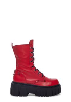 cuz evil can be fun. These mismatched combat boots have a vegan leather construction, chunky platform soles, extra long adjustable lace-ups, and side zip closures. Right and left colors may vary. Edgy Red Platform Boots With Round Toe, Red Leather Platform Boots, Red Punk Platform Boots With Round Toe, Red Platform Combat Boots, Multicolor Lace-up Platform Boots, 90s Platform Shoes, Cottagecore Earrings, Lace Up Leggings, Free Socks