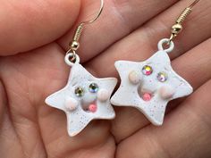 Cute star dangle earrings with rhinestone eyes, glitter white polymer clay. Made with good vibes😊and lots of love💗 Star Dangle Earrings, White Polymer Clay, Rhinestone Eyes, Cute Star, Cute Stars, Good Vibes, Jewelry Earrings Dangle, Etsy App, Of Love