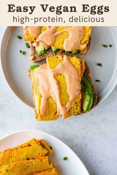 two slices of vegan egg sandwiches on a plate