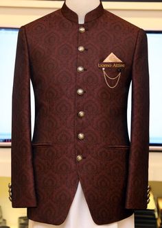 Self motive with antique brass buttons prince coat Designer Ceremonial Sherwani With Stand Collar, Elegant Semi-formal Traditional Wear With Dabka, Traditional Semi-formal Sherwani With Stand Collar, Designer Nehru Jacket With Dabka For Semi-formal Occasions, Designer Dabka Nehru Jacket For Semi-formal Occasions, Brown Long Sleeve Blazer For Wedding, Brown Long Sleeve Wedding Blazer, Traditional Semi-formal Blazer With Stand Collar, Brown Winter Wedding Outerwear