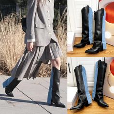 These Tubular Boots Are Crafted In China From Premium Calfskin Splicing Denim. An Edgy Style With Wedge Heel And A Slightly Wider Shaft, Perfect To Combine With A Skirt Or With The Trousers Tucked Into The Boots. Color: Black/BlueMaterial: Calfskin Splicing DenimLining: Breathe CowhideInsole: SheepskinSole: RubberHeels: 7Cm/2.75"Tube Height: 41cm/16.14"Tube Circumference: 38cm/14.96"Great Shoes To Spice Up Any Outfit, From Casual Jeans To Fancy Dress. The More You Wear Them, The More Comfortable Foldover Boots Outfit, Chic Tall Boots With Zipper Closure, Winter Leather Mid-calf Tall Boots, Chic Wide Calf Knee-high Boots With Zipper Closure, Knee-high Boots With Zipper Closure, Leather Tall Boots, Women In Black, Black Knee-high Moto Boots With Zipper Closure, Oxford Boots