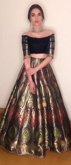 Actress Aditi Rao Hydari in a Benarasi lehenga with a velvet off shoulder blouse designed by Manish Malhotra #aditiraohydari #manishmalhotra #benarasilehenga भारतीय दुल्हन संबंधी, डिजाइनर कपड़े, Indian Outfits Lehenga, Lehnga Dress, Lehenga Blouse Designs, Anita Dongre, Indian Dresses Traditional, Indian Gowns Dresses, Indian Gowns