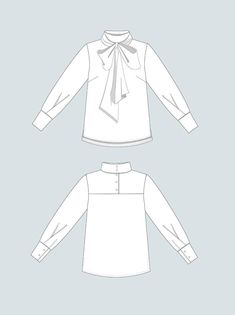 the front and back views of a white blouse with a bow tie on it's neck