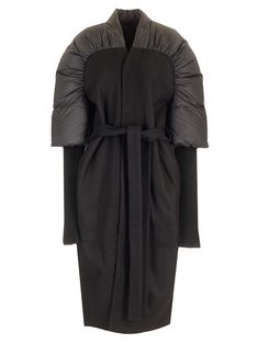 "Duvetina" long coat crafted from wool and padded nylon with belt at the waist, kimono lapels, zip pockets, back vent. Designer Winter Outerwear With Belted Cuffs, Rick Owens Jacket Woman, Rick Owens Ready To Wear, Rick Owens Collection, Rick Owens Shawl, Versace Designer, Rick Owens Jacket, Best Wallet, Cool Ties