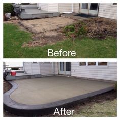 before and after photos of a concrete patio being built in front of a house with grass