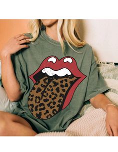 Wild Kiss Rocker Tee with Leopard Print Tongue – Oopsie Daisy Crafts Trendy Cotton T-shirt In Leopard Print, Trendy Leopard Print Graphic T-shirt, Grunge Graphic Tops For Concerts, Grunge Tops With Funny Print For Concerts, Grunge Funny Print Top For Concert, Trendy Leopard Print Cotton Tops, Short Sleeve Leopard Print Tops For Streetwear, Leopard Print Short Sleeve Top For Streetwear, Punk Style Relaxed Fit Fall T-shirt