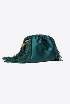 Small evening clutch-style handbag in glossy satin fabric with long, matching-colour fringing at the sides. This bag is customised with rhinestone-studded metal Love Birds that provide a jewel-like effect. Contrasting grosgrain fabric inner lining. This bag features drawstring fastening and a metal chain handle. Luxury Formal Clutch With Tassels, Green Evening Bag With Chain Strap, Luxury Party Bag With Tassels, Gold Fringe Party Bag, Gold Evening Bags With Tassels, Luxury Gold Bags With Tassels, Elegant Gold Bag With Fringe, Gold Tasseled Clutch For Evening, Gold Evening Clutch With Tassels