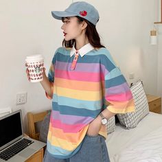 Cute Pastel Rainbow Striped Polo Shirt – Tomscloth Multicolor Collared Top With Color Matching, Cotton Collared Top With Color Matching, Collared Cotton Top With Color Matching, Kidcore Fashion Pastel, Multicolor Relaxed Fit Half Sleeve Top, Multicolor Half Sleeve Relaxed Fit Top, Striped Cotton Half Sleeve Tops, Colorful Oversized Casual Top, Multicolor Oversized Short Sleeve Tops