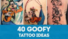 four different tattoos with cartoon characters on them and the words, 40 goofy tattoo ideas