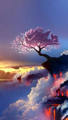 a tree on top of a cliff with lava flowing down the side and clouds in the air