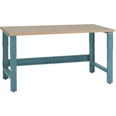 a blue workbench with wooden top and steel legs on an isolated white background