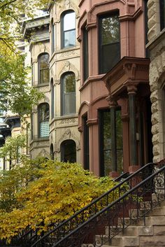 the stairs lead up to several brownstone townhouses in an area with trees and bushes