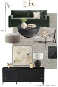 a living room with green furniture and accessories