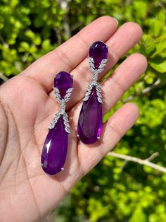 Handmade Material: Platinum Plated, Lab Simulated Dark Purple and White Sapphire Stones Size: Earrings measure 2.5 inches long Imported Item Number: 7038P Sapphire Stones, Purple Sapphire, Sapphire Stone, Purple And White, White Sapphire, Long Earrings, Dark Purple, Item Number, Krishna