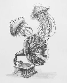 a black and white drawing of two jellyfish playing music on an old record player