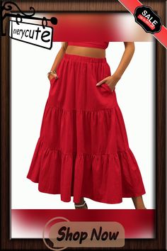 Red Cotton Blend Swing Maxi Skirt with Pockets Red Midi Skirt With Pockets, Red Tiered Maxi Skirt For Summer, Red Maxi Skirt With Pockets For Spring, Red Spring Skirt With Pockets, Red Skirt With Pockets For Spring, Red Skirted Bottoms With Pockets, Red Flared Maxi Skirt For Summer, Red Skirted Bottoms, Casual Red Maxi Skirt For Summer