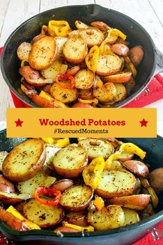 two pictures of cooked potatoes in a skillet with the words, woodhed potatoes