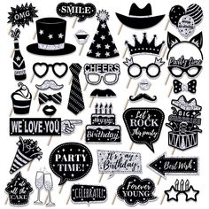 black and white photo booth props for a birthday party with hats, glasses, mustaches