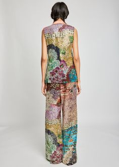 Our trencadís maze embellished sleeveless jacket paired with wide-legged pants. Elegant Multicolor Summer Palazzo Set, Chic Multicolor Wide Leg Sets, Parsons New York, Chic Pattern, Batik Prints, Sleeveless Jacket, Cool Fits, Wide Leg Pant, Pant Set