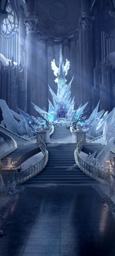 the stairs are covered with ice and snow sculptures in this fantasy scene, as well as an elaborate clock tower