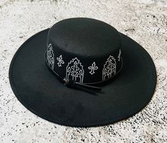 "Welcome to Witchwood's brand new XL wide brim hats! These hats have our biggest brim yet! They are made of sturdy vegan felt and are all hand printed.   Vegan Felt Size: 22.5\" (but size is adjustable and can be sized down, inside the hat) Brim - 3.75\" wide Hat Color - Black Print Color - White  Collab with WitchVoid" Round Brim Hat, Wide Hat, Black Hair Dye, Types Of Hats, Whimsy Goth, Wide Brim Hats, Floppy Sun Hats, Hat Beret, Brim Hats