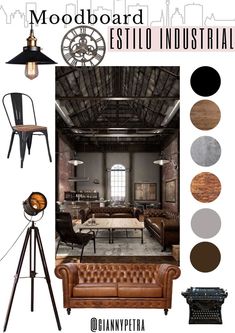 an industrial living room with leather furniture and wood accents in brown, black, white and grey