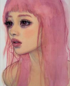 a drawing of a woman with pink hair and big eyes, wearing long lashes in front of her face