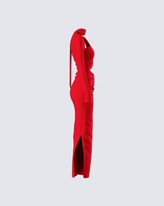 CAUTION: hawt!! 🔥 Set their hearts ablaze in this red midi dress made from stretch jersey fabric, and complete with a one sleeve design, an asymmetrical hemline, cutouts, and a sleek bodycon fit ❤️ Fitted Asymmetrical Midi Dress With Cutout, Solid Color Midi Dress With Side Slits For Party, Red Maxi Dress With Asymmetrical Neckline For Party, Red Maxi Dress With Side Slits For Night Out, Red Midi Dress With Side Slits For Party, Red Midi Length Elastane Dress, Red Bodycon Dress With Asymmetrical Neckline For Party, Red Midi-length Elastane Dress, Red Bodycon Evening Dress