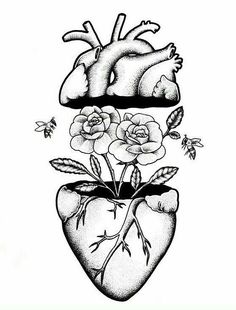 a drawing of a heart with flowers in it