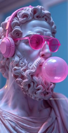 a statue with headphones and pink glasses blowing bubble