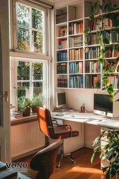 20 Home Office Design Ideas – VQNU Home Office Den Combo, Narrow Office Space Ideas, Office And Library Combo, Organic Office, Plum Room, Home Office Nook, Office Bookshelf Decor, Plum Bedroom