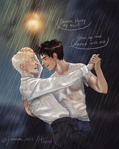 two people are hugging in the rain with words written above them that read, romantic henry and annie