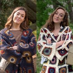 two women standing next to each other wearing crocheted sweaters and holding their arms crossed