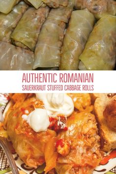 stuffed cabbage rolls with sauce and sour cream on the top are shown in two different pictures