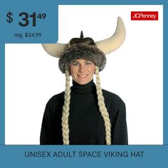 Space viking hat with braids. Great addition to any viking costume! Includes: metallic bronze foam-backed fabric cap trimmed in faux fur with attached padded horns and long waist-length blonde braids. Available size: One size fits most adults upto Large.Base Material: 100% PolyesterCare: Hand WashCountry of Origin: Made in US Viking Headdress Woman, Viking Woman Headwear, Free Viking Hat Pattern, Crochet Viking Hats, Space Viking, Crochet Viking Helmet With Beard, Hat With Braids, Viking Hat, Viking Costume