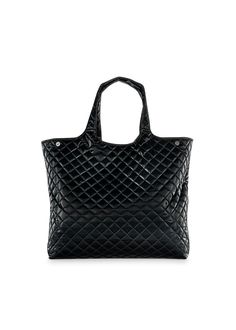 The Haute Shore Icon Night tote is a quilted puffer tote with large exterior slip pocket and interior zip and slip pockets. Ultra light weight. Large exterior slip pocket. Interior zip and slip pockets. Dimensions: 23" wide x 13.5" tall x 3.5" deep. Washable with mild soap. Hang dry. Quilted Double Handle Bag For Everyday, Quilted Double Handle Bag, Quilted Black Shoulder Bag For Everyday Use, Quilted Leather Bag With Top Handle For Everyday Use, Quilted Double Handle Shoulder Bag For Travel, Quilted Shoulder Bag For On-the-go, Quilted Tote Bag For Shopping, Quilted Rectangular Shoulder Bag For On-the-go, Chic Quilted Travel Bags