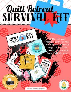 an advertisement with the words, quilt referat survival kit and other items on it