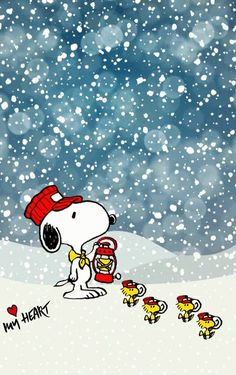 a cartoon dog with a red hat and scarf is standing in the snow