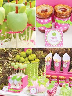 an apple themed birthday party with apples, pies and cupcakes