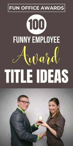 two people holding an award in front of a gray background with the words fun office awards