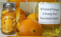 an orange peel is in a glass jar next to some oranges and a label