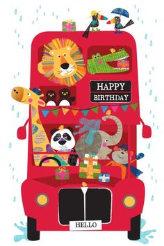 an image of a happy birthday card with animals on the back of a car in the rain