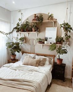 a bed with lots of potted plants on the headboard and shelves above it