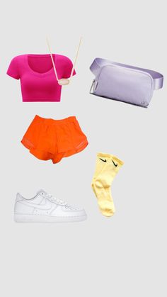 four different types of clothes and shoes on a gray background, including one pink shirt