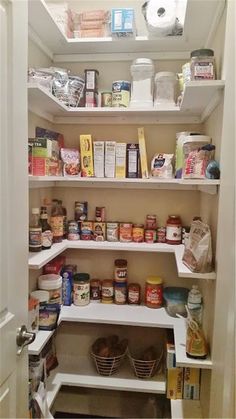 an open pantry with food items on shelves