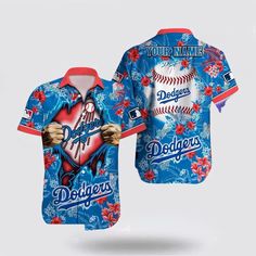 Customized MLB Los Angeles Dodgers Hawaiian Shirt Tropical Pattern For Fan MLB  It’s the perfect combination of Hawaiian style and MLB fandom. These unique MLB Hawaiian shirts are a must-have for football enthusiasts. Show your team spirit in a fun and tropical way by the beauty of Hawaii. Made from high-quality materials, they provide comfort and breathability, keeping you cool during game days or outdoor activities. Stand out from the crowd and show your love for both football and tropica Blue Fan Gear Top With Baseball Collar, Blue Top With Baseball Collar For Fan Gear, Blue Baseball Collar Top For Fan Gear, Short Sleeve Baseball Jersey With Team Logo For Fans, Short Sleeve Baseball Jersey With Team Logo, Sports Shirt With Team Name For Baseball Season, Sporty Team Name Shirt For Baseball Season, Sporty Shirt With Team Name For Baseball Season, Baseball Season Sports Fan Apparel Shirt