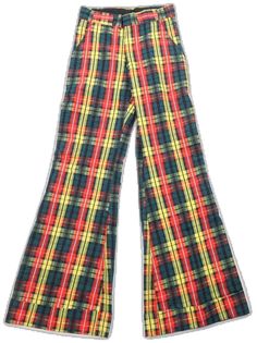 Retro Plaid Bottoms With Pockets, Retro Cotton Trousers, Retro Plaid Wide-leg Pants, Retro Wide Leg Bottoms, Retro Full-length Cotton Pants, 1970s Style Full Length Cotton Pants, Retro Wide Leg Cotton Pants, Retro High Waist Plaid Pants, Vintage Wide Leg Plaid Bottoms