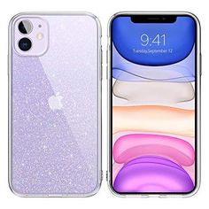 an iphone case with glitter on the back and front, shown in lavender purple color